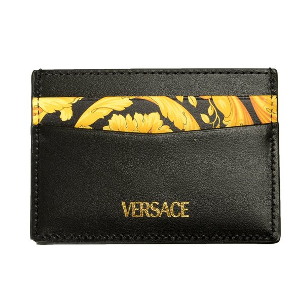 Versace Barocco Print 100% Leather Gold Medusa Head Card Case Holder - Picture 4 of 5